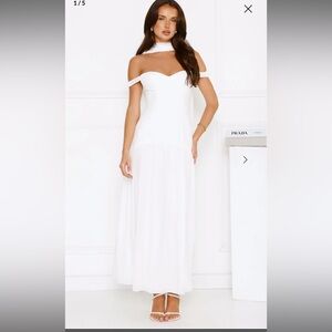 Hello Molly Off-Shoulder White Dress with Neck Scarf